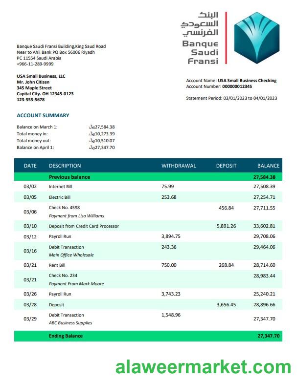 Banque Saudi Fransi company checking account statement Word and PDF template